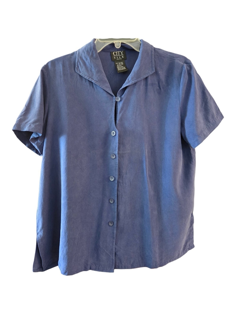 City Silk Vintage 100% Silk Petite Camp Shirt Blouse Blue - Size MP